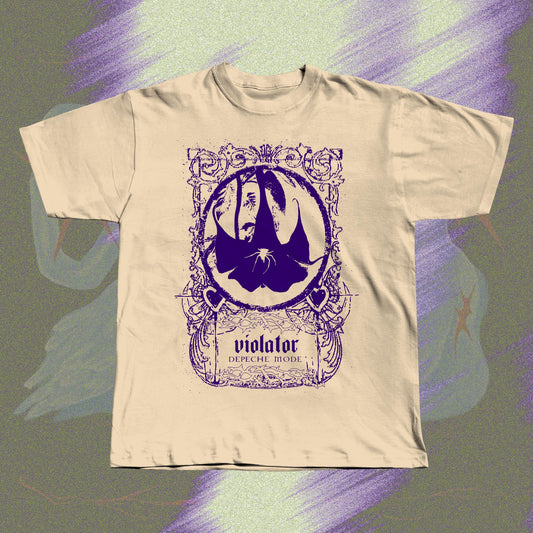 Beige unisex t-shirt with screen print design inspired by Depeche Mode's Violator.