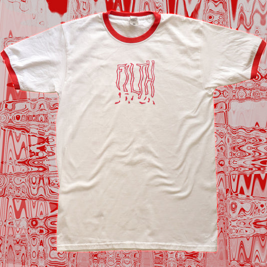 White ringer T-shirt with red collar and sleeve trim featuring a distorted red ‘FILTH’ graphic on the front, laid flat on a red and white abstract background