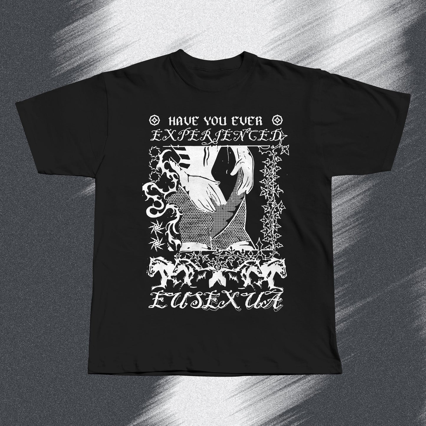 Hand screen-printed FKA twigs EUSEXUAL inspired black t-shirt on soft cotton, unisex fit.