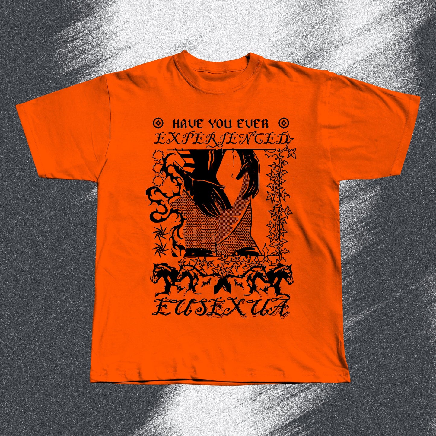 Hand screen-printed FKA twigs EUSEXUA inspired orange t-shirt on soft cotton, unisex fit.