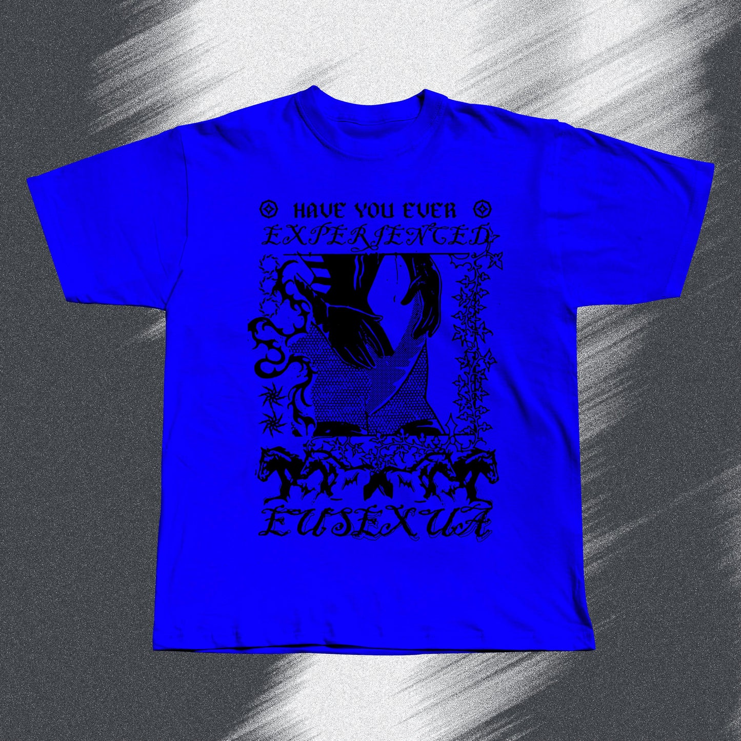 Hand screen-printed FKA twigs EUSEXUA inspired blue t-shirt on soft cotton, unisex fit.