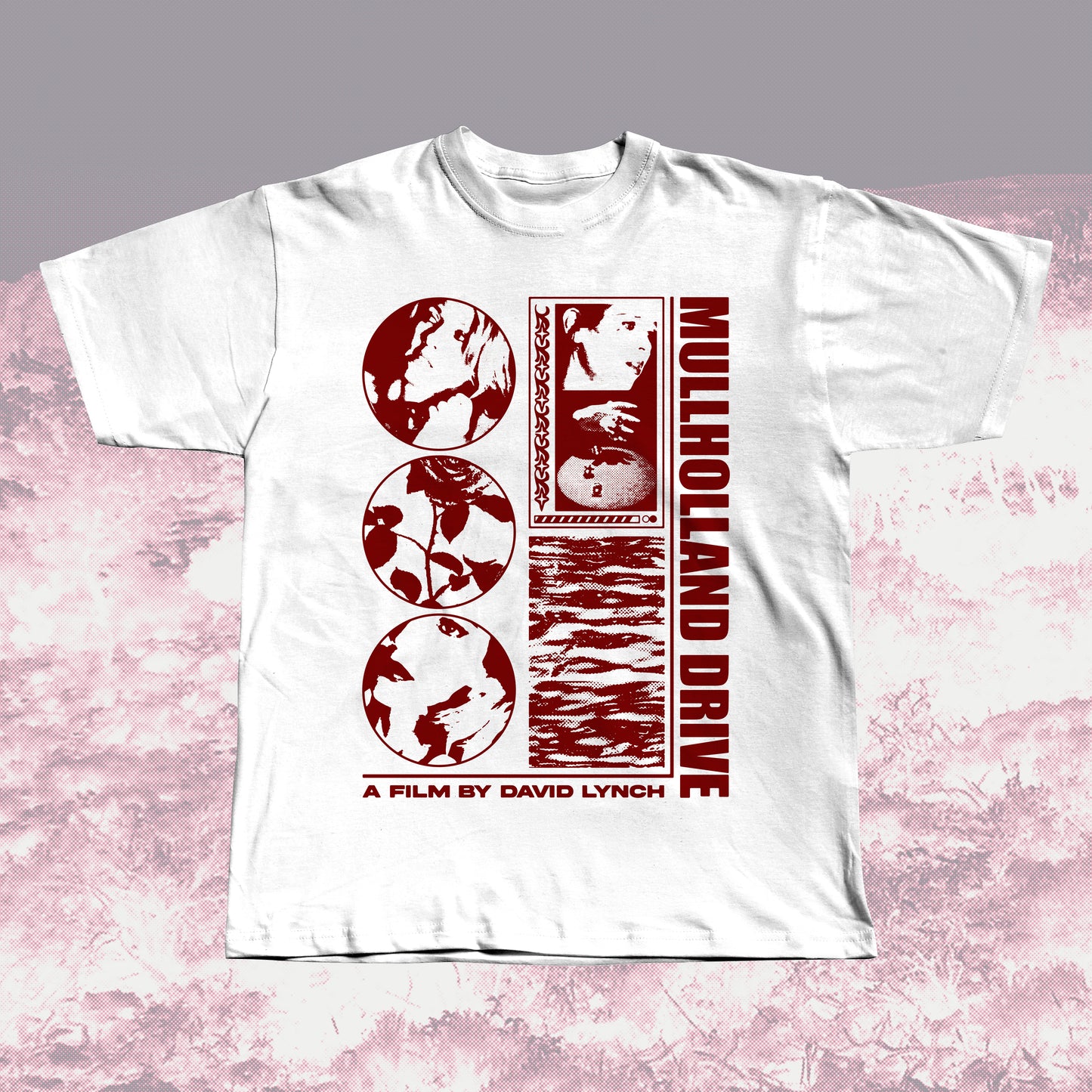 Mullholland Drive white unisex t-shirt with red graphic design, hand screen printed.