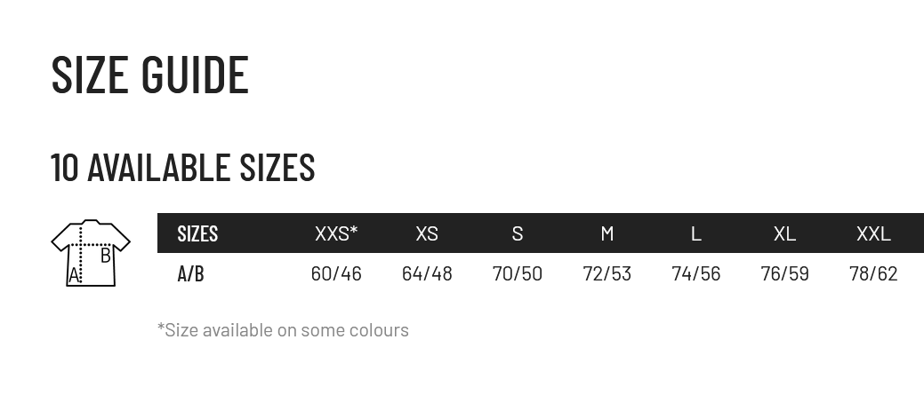 Size guide for shirts with available sizes and measurements.