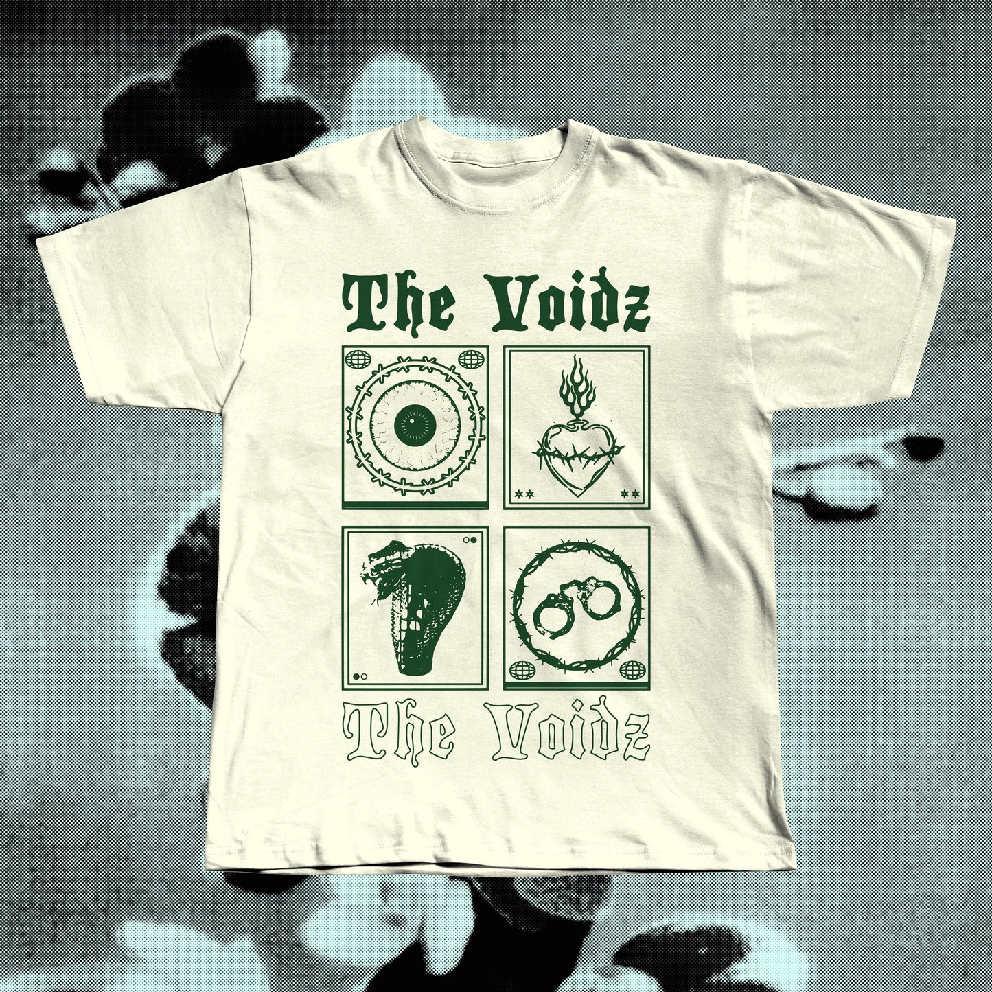 The Voidz band beige t-shirt displayed flat, screen-printed on soft cotton