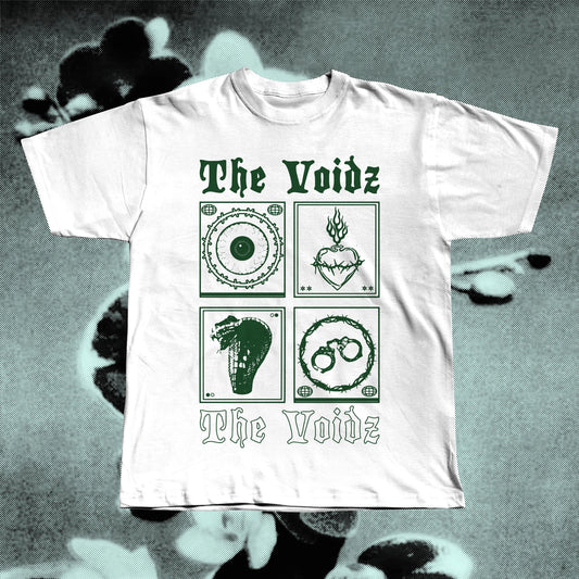 The Voidz white band t-shirt displayed flat, screen-printed on soft cotton