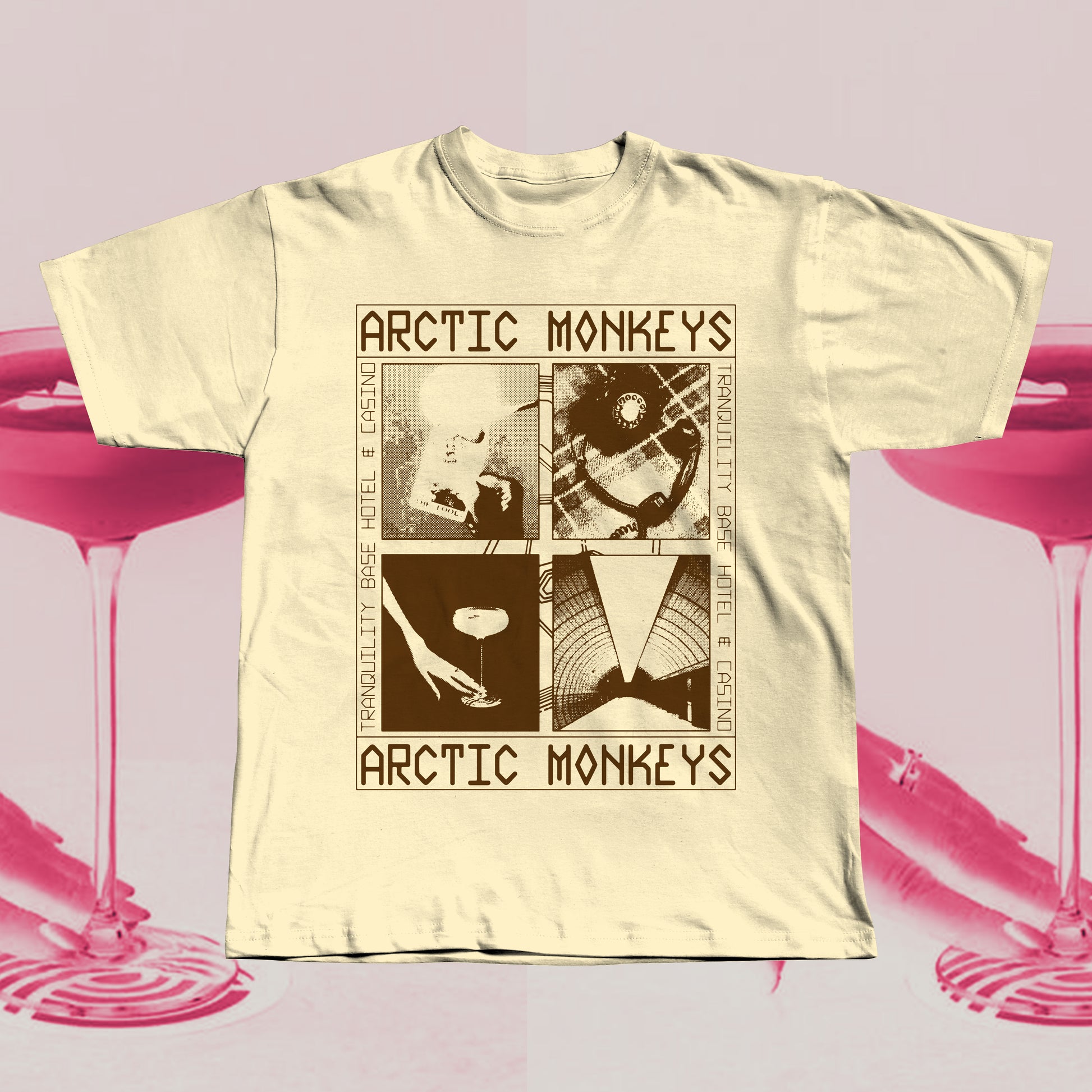 Beige T-shirt featuring an Arctic Monkeys Tranquility Base Hotel & Casino inspired graphic in brown, hand screen printed with retro collage design