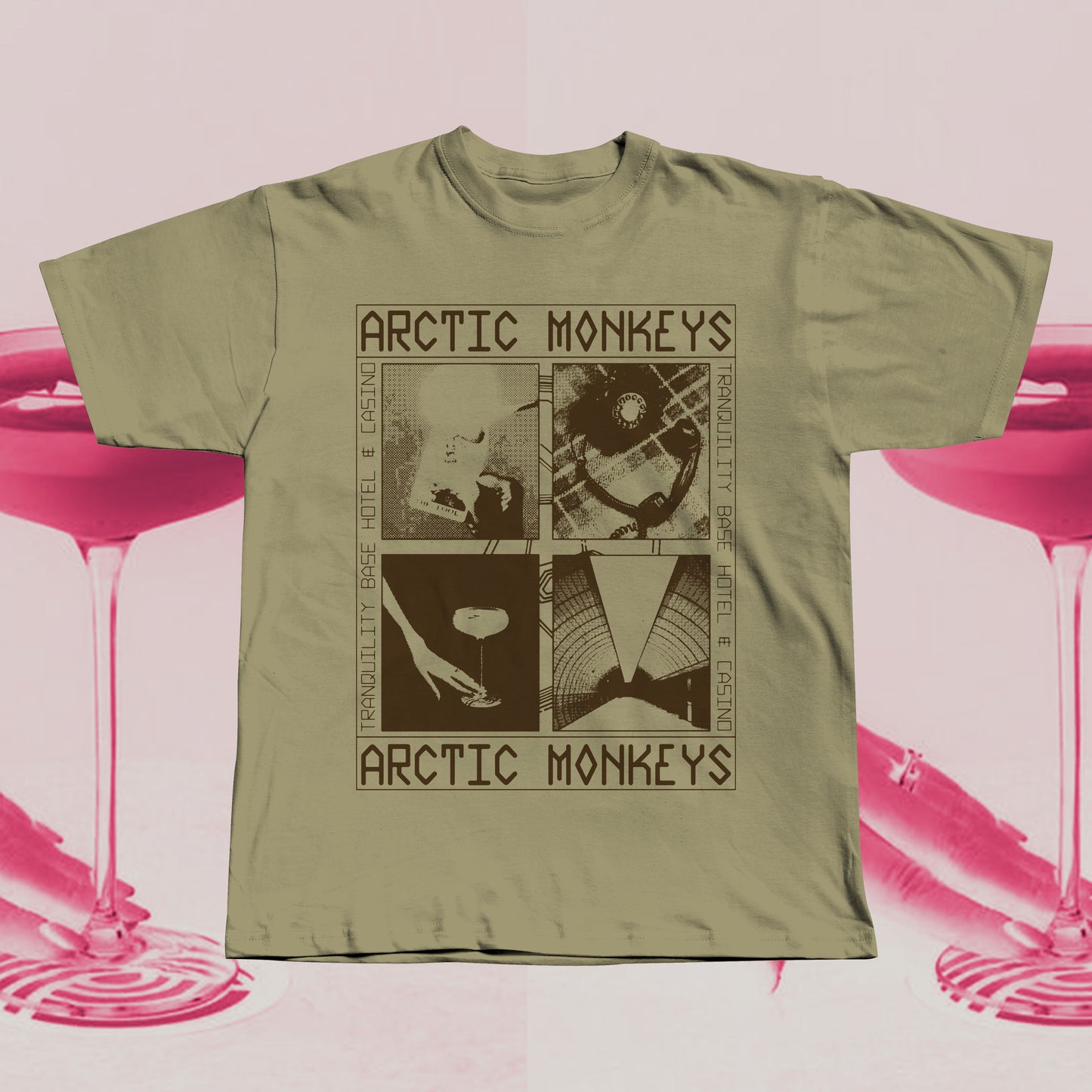Olive Green T-shirt featuring an Arctic Monkeys Tranquility Base Hotel & Casino inspired graphic in brown, hand screen printed with retro collage design