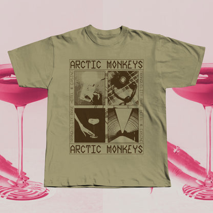 Olive Green T-shirt featuring an Arctic Monkeys Tranquility Base Hotel & Casino inspired graphic in brown, hand screen printed with retro collage design