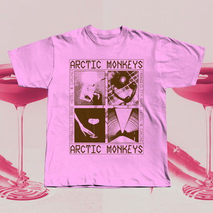 Pink T-shirt featuring an Arctic Monkeys Tranquility Base Hotel & Casino inspired graphic in brown, hand screen printed with retro collage design