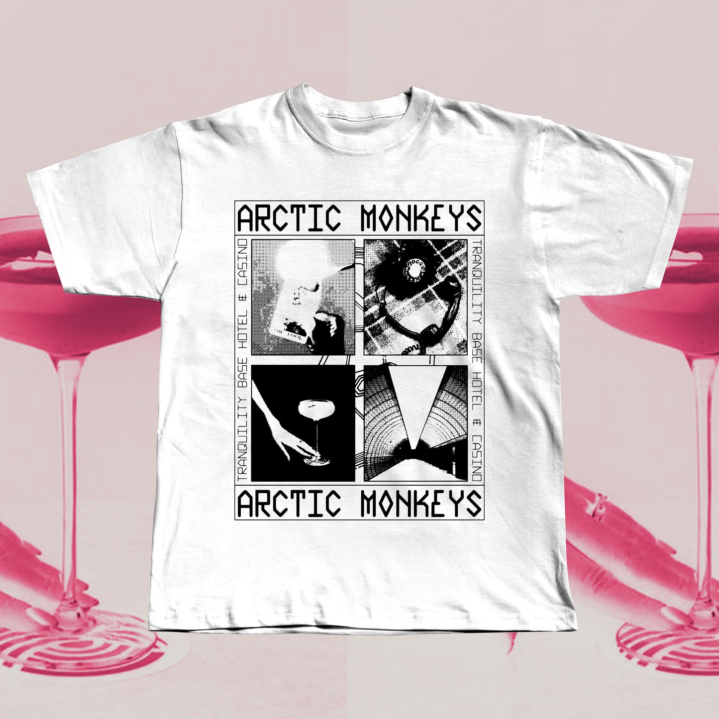 White T-shirt featuring an Arctic Monkeys Tranquility Base Hotel & Casino inspired graphic in black, hand screen printed with retro collage design