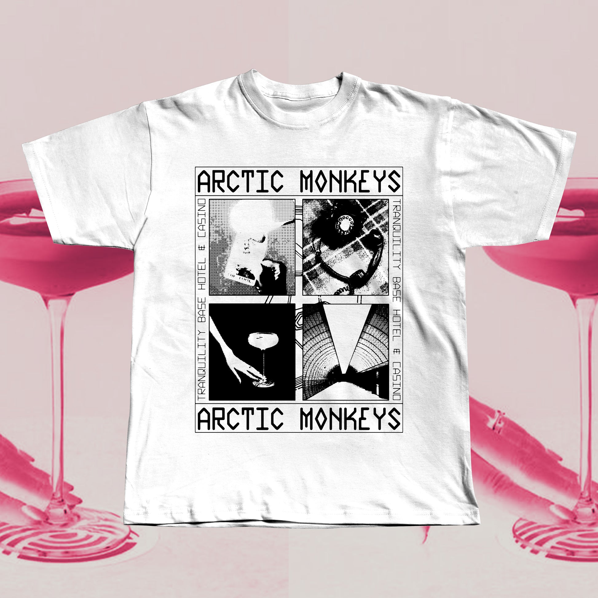 White T-shirt featuring an Arctic Monkeys Tranquility Base Hotel & Casino inspired graphic in black, hand screen printed with retro collage design