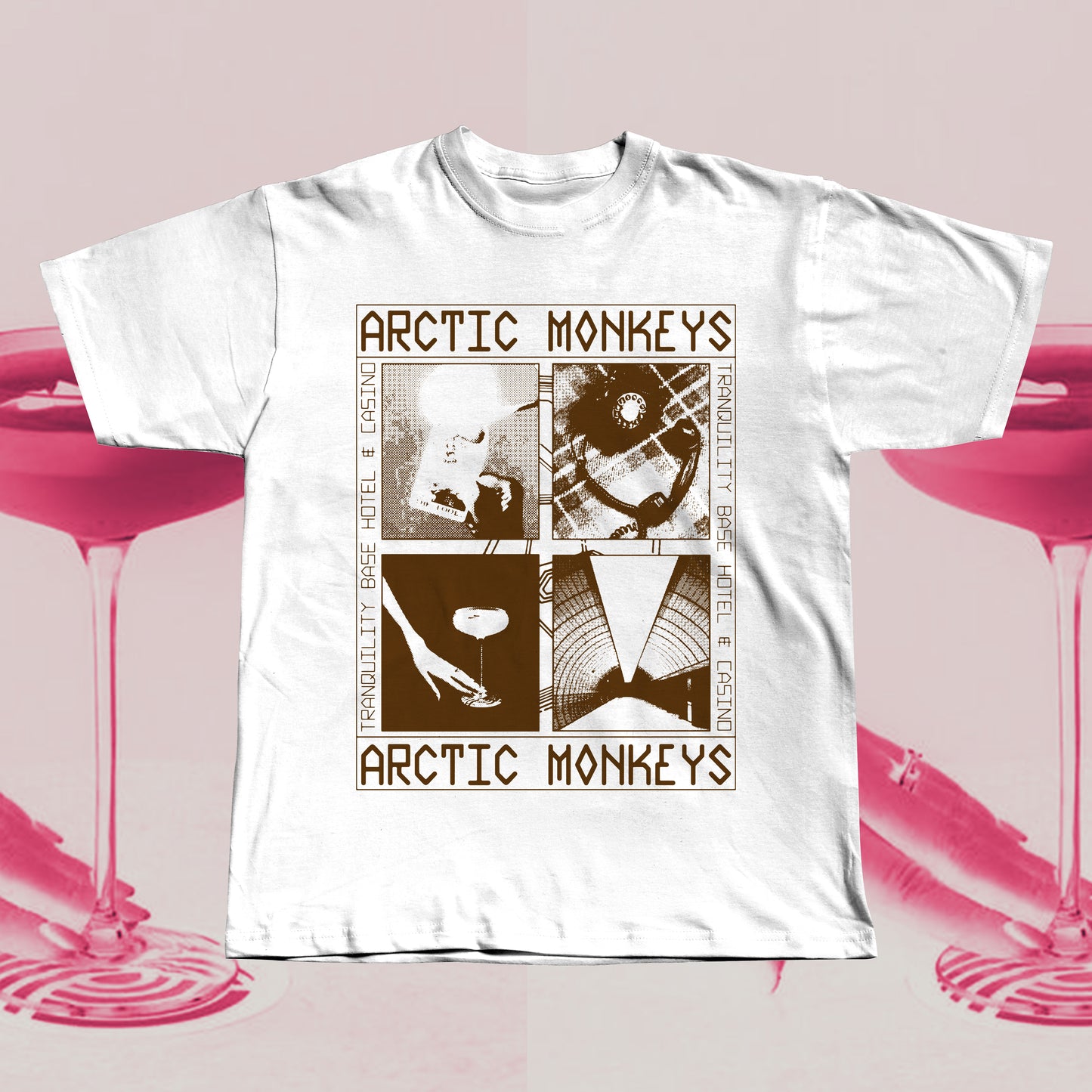 White T-shirt featuring an Arctic Monkeys Tranquility Base Hotel & Casino inspired graphic in brown, hand screen printed with retro collage design