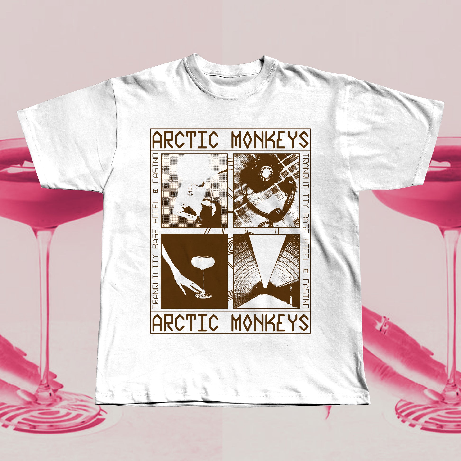 White T-shirt featuring an Arctic Monkeys Tranquility Base Hotel & Casino inspired graphic in brown, hand screen printed with retro collage design
