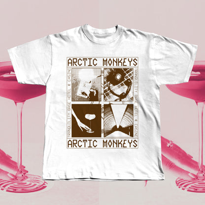 White T-shirt featuring an Arctic Monkeys Tranquility Base Hotel & Casino inspired graphic in brown, hand screen printed with retro collage design