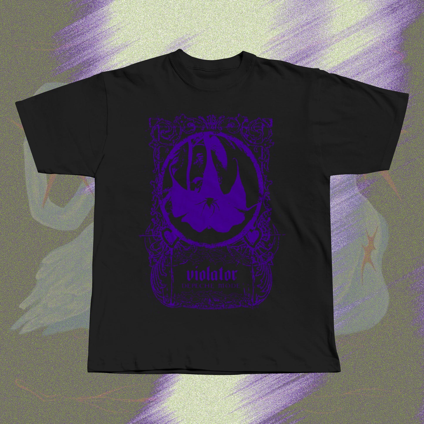 Black unisex t-shirt with purple screen print design inspired by Depeche Mode's Violator.