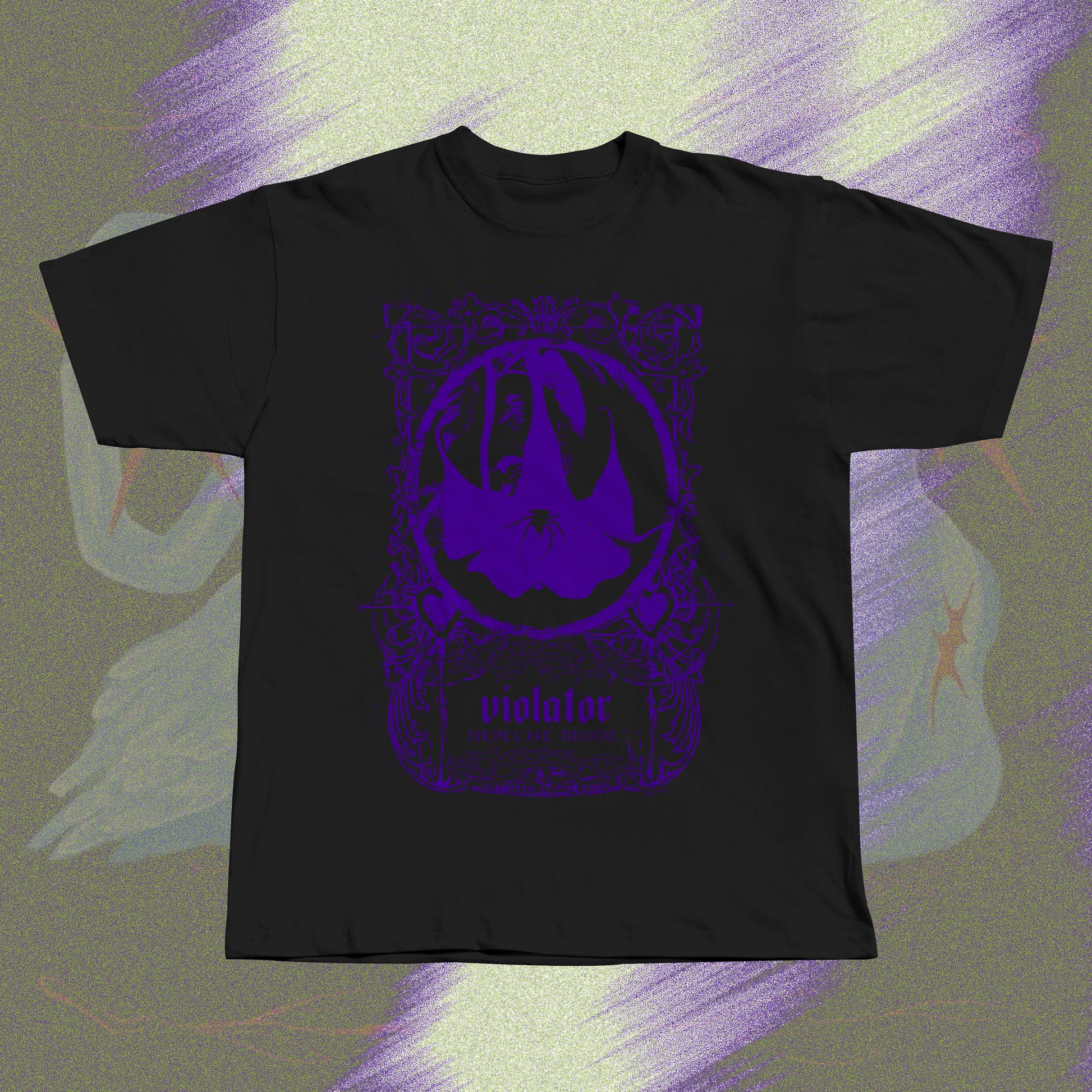Black unisex t-shirt with purple screen print design inspired by Depeche Mode's Violator.