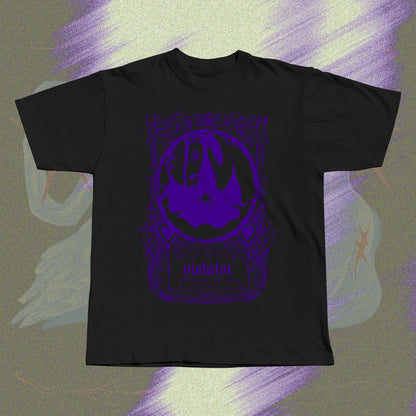 Black unisex t-shirt with purple screen print design inspired by Depeche Mode's Violator.