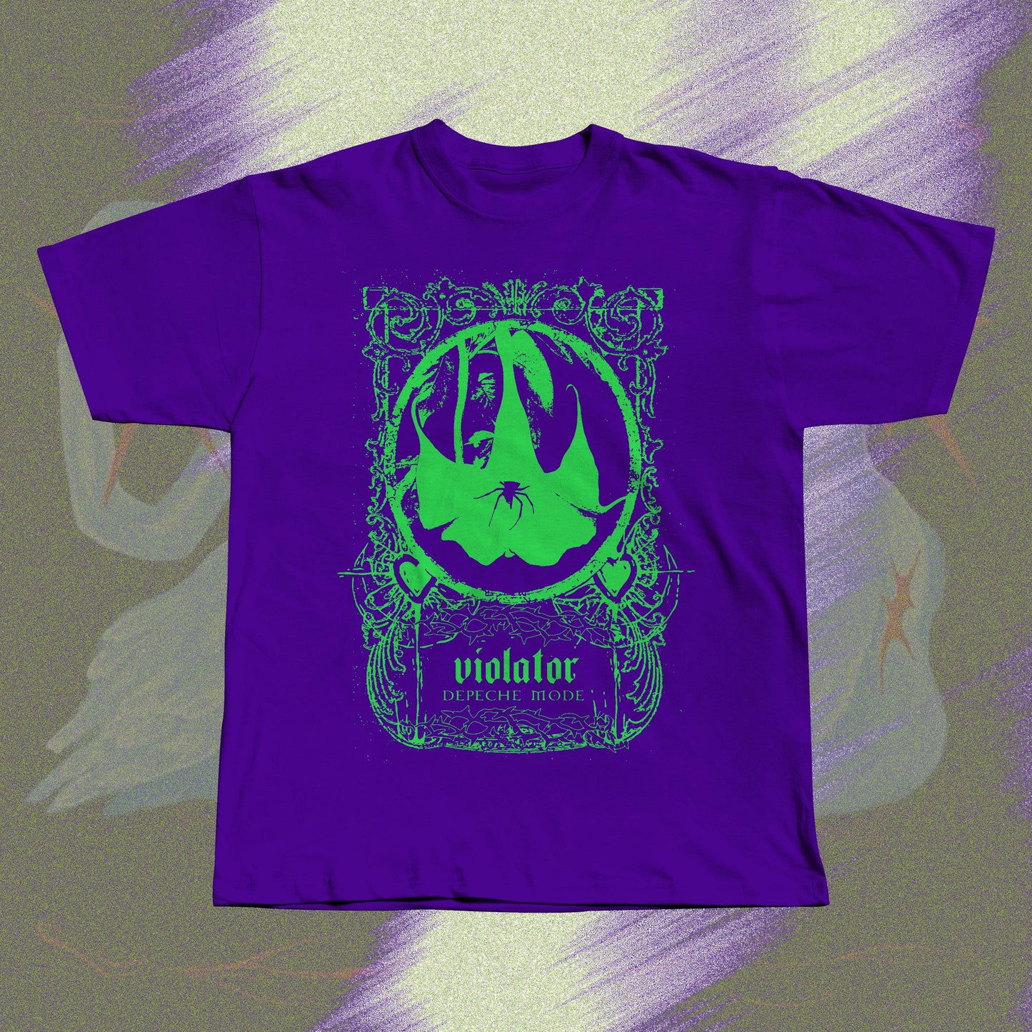 Purple unisex t-shirt with neon green screen print design inspired by Depeche Mode's Violator.