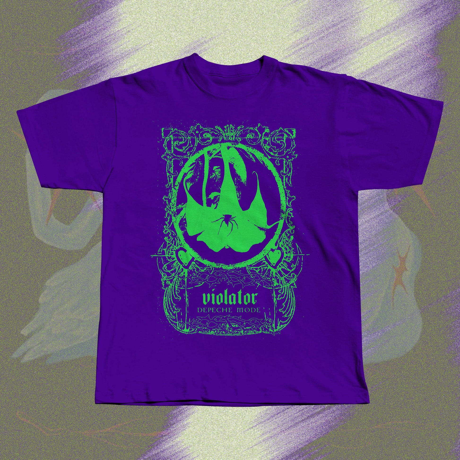 Purple unisex t-shirt with neon green screen print design inspired by Depeche Mode's Violator.