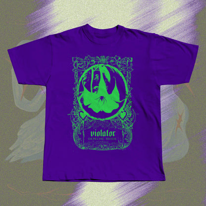 Purple unisex t-shirt with neon green screen print design inspired by Depeche Mode's Violator.