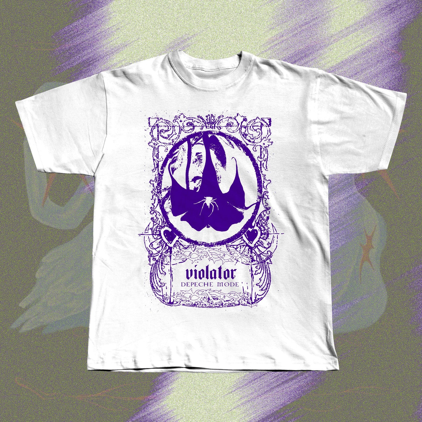 White unisex t-shirt with screen print design inspired by Depeche Mode's Violator.
