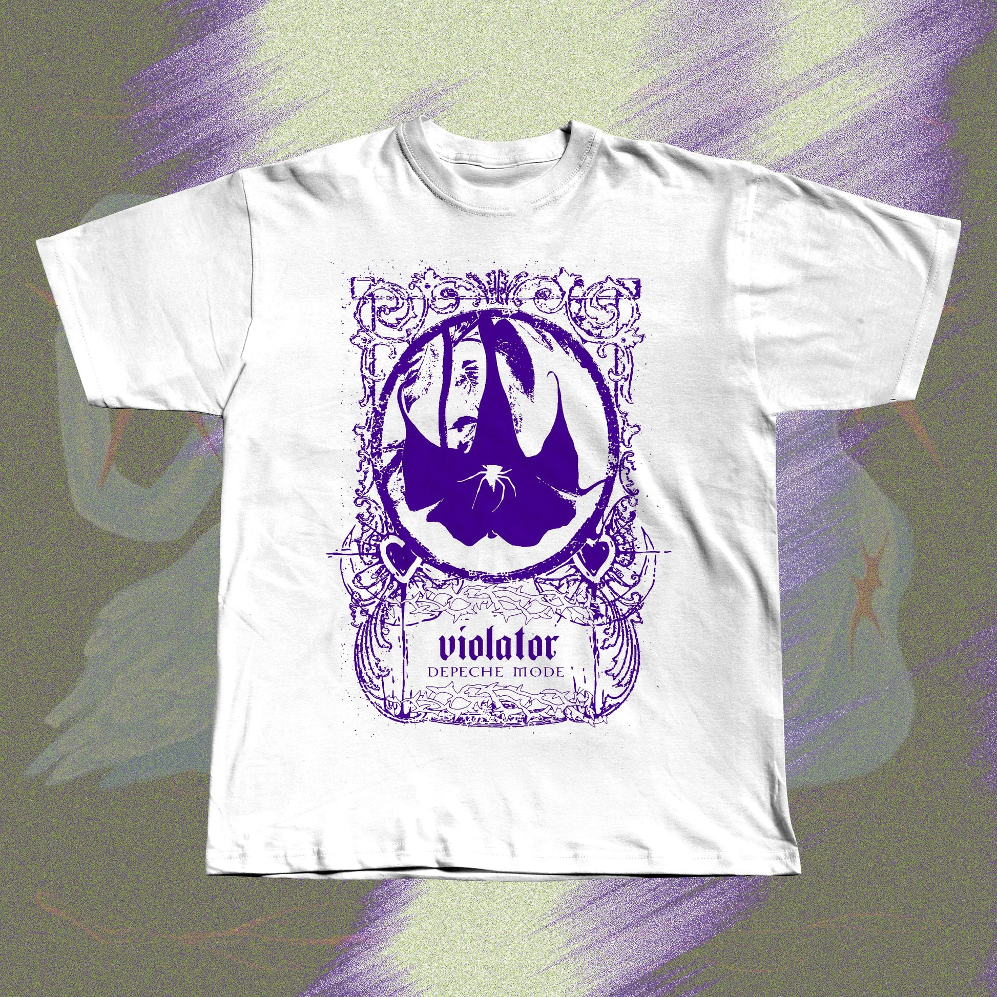 White unisex t-shirt with screen print design inspired by Depeche Mode's Violator.