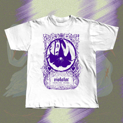 White unisex t-shirt with screen print design inspired by Depeche Mode's Violator.