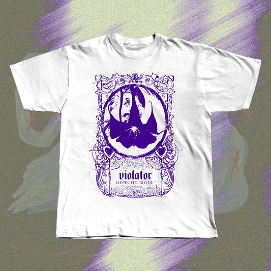 White unisex t-shirt with screen print design inspired by Depeche Mode's Violator.
