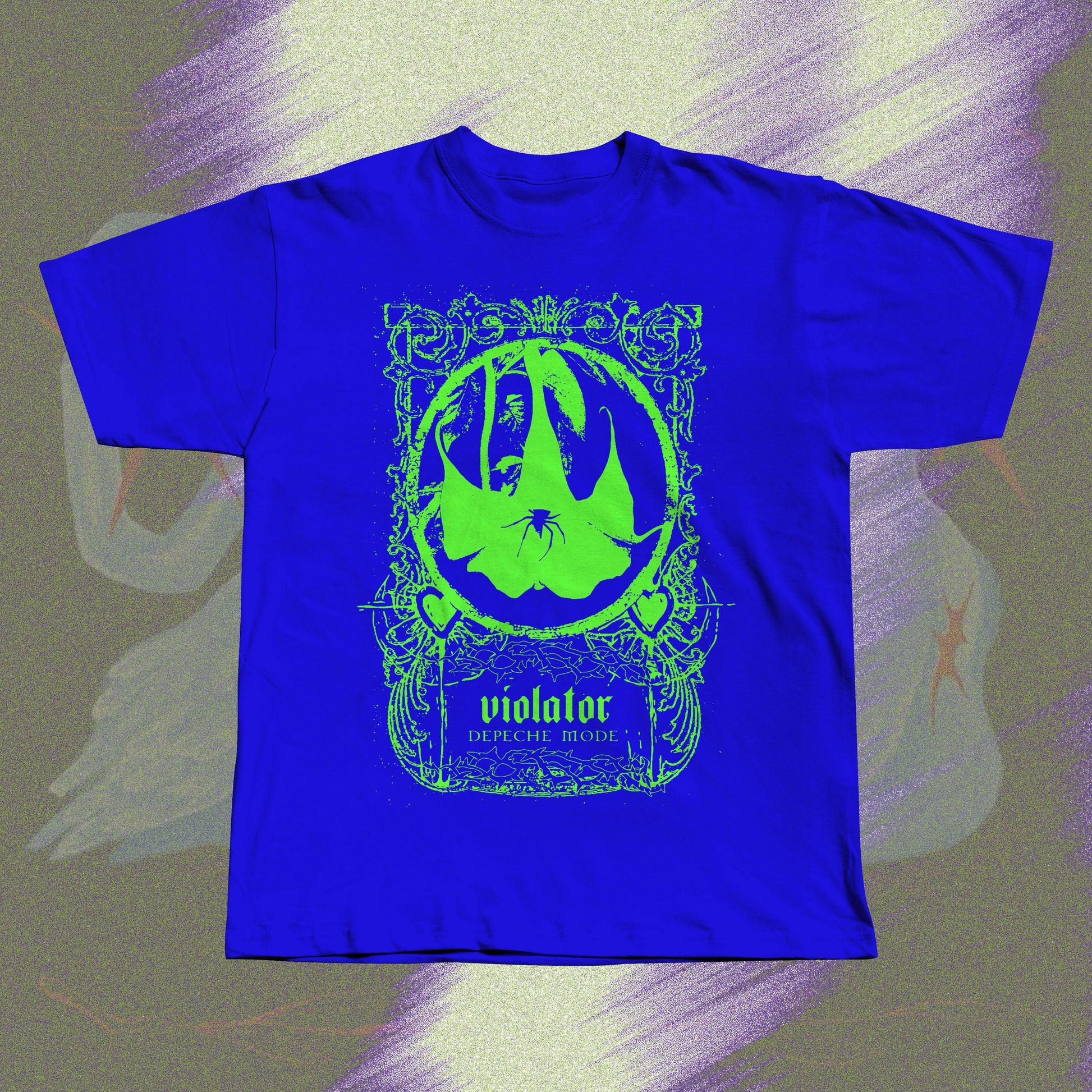Blue unisex t-shirt with neon green screen print design inspired by Depeche Mode's Violator.