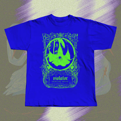Blue unisex t-shirt with neon green screen print design inspired by Depeche Mode's Violator.