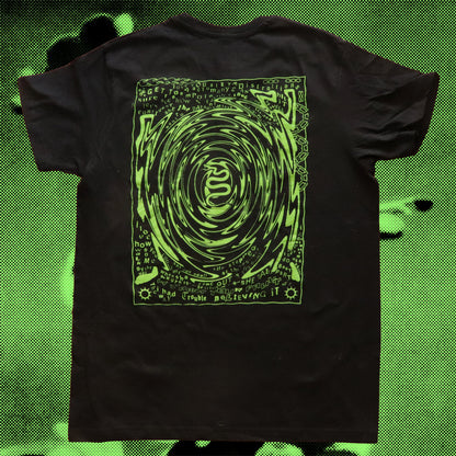 Black t-shirt featuring a neon green hand screen-printed design with swirling artwork and handwritten lyrics from the song ‘FILTH’ on the back.