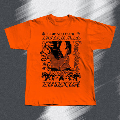 Hand screen-printed FKA twigs EUSEXUA inspired orange t-shirt on soft cotton, unisex fit.