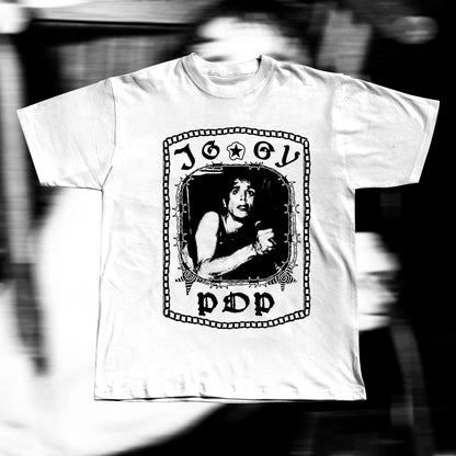 Unisex adult white t-shirt, design with iggy pop tangled in a chair around barbed wire. Iggy pop is written around with gothic letters.