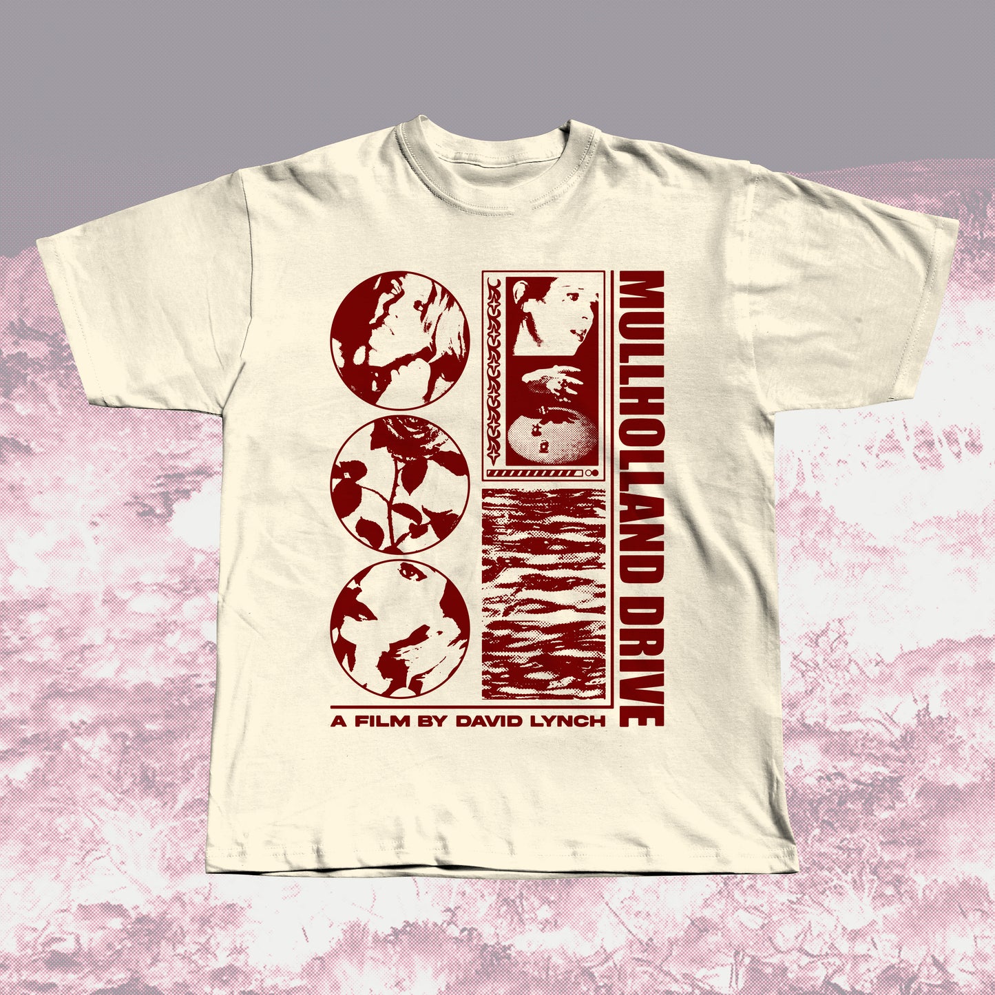 Mullholland Drive beige unisex t-shirt with red graphic design, hand screen printed.