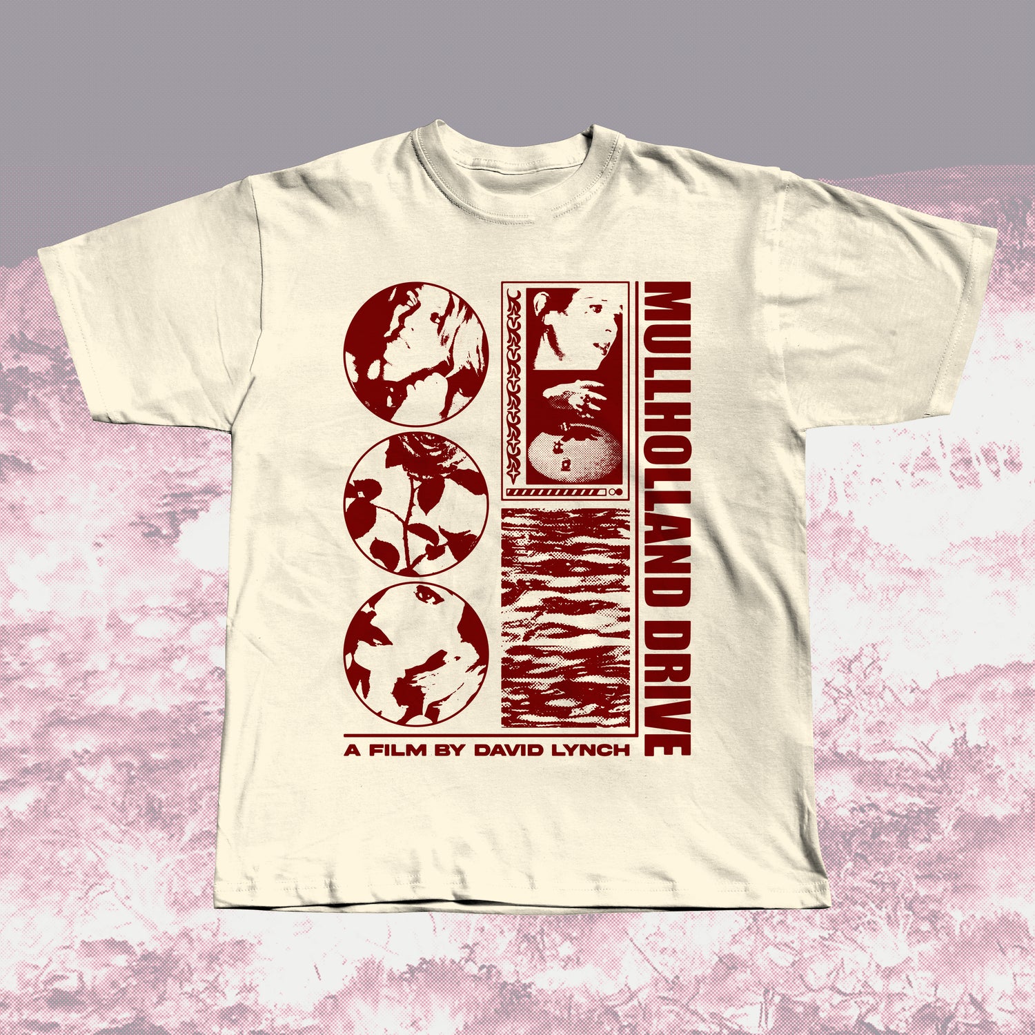 Mullholland Drive beige unisex t-shirt with red graphic design, hand screen printed.