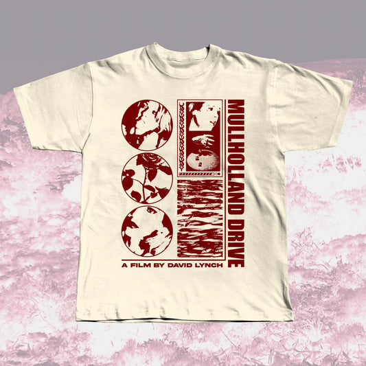 Mullholland Drive beige unisex t-shirt with red graphic design, hand screen printed.