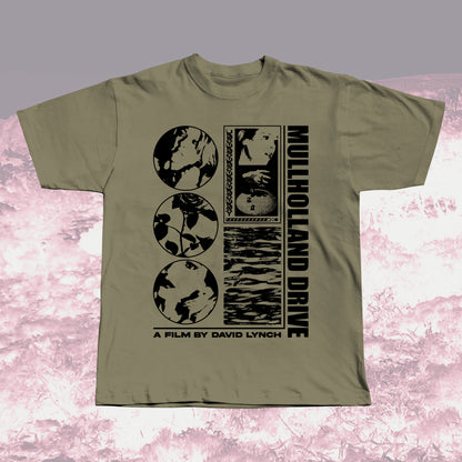 Mullholland Drive olive green unisex t-shirt with black graphic design, hand screen printed.