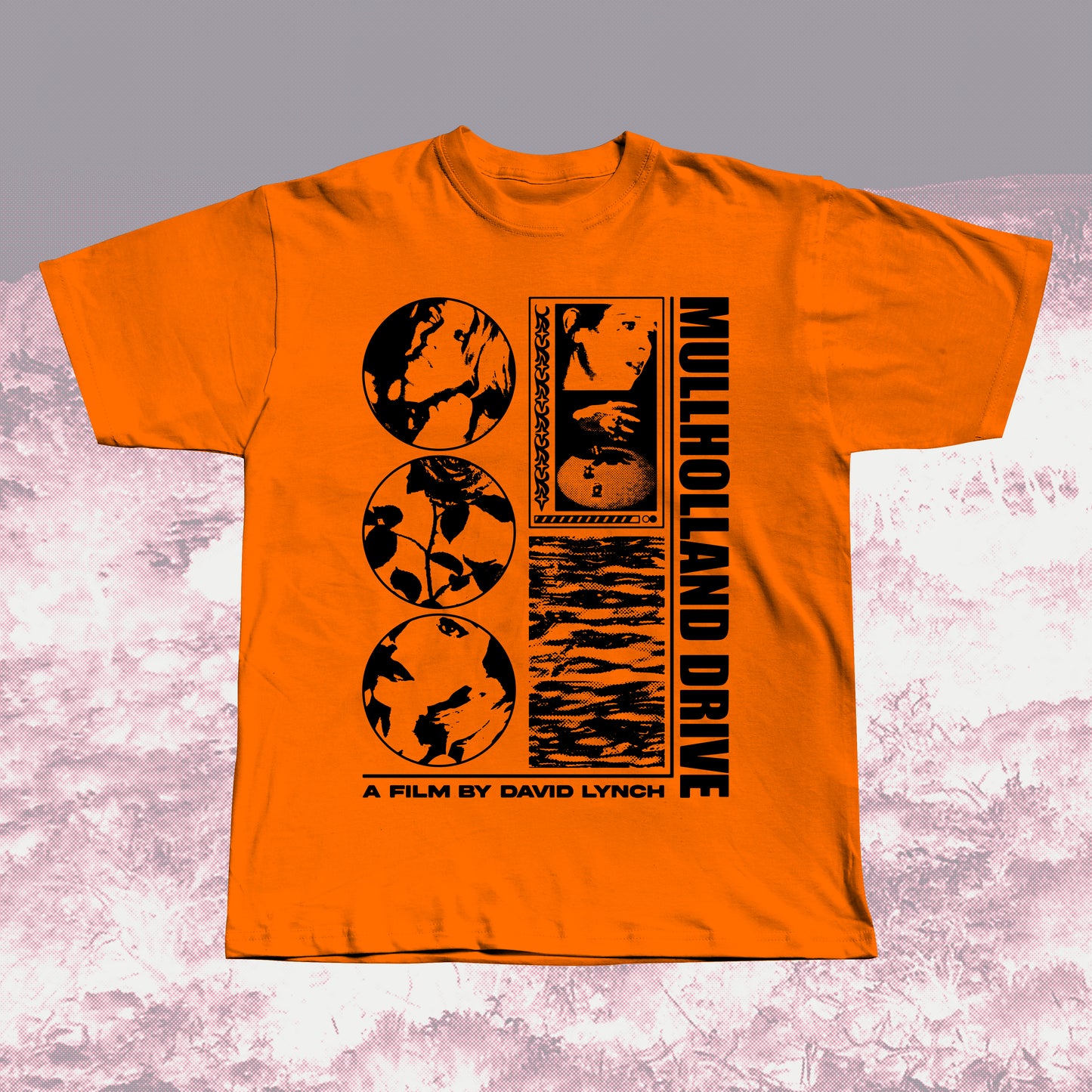 Mullholland Drive orange unisex t-shirt with black graphic design, hand screen printed.