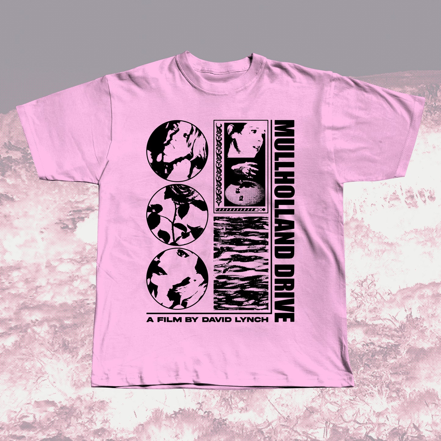 Mullholland Drive light pink unisex t-shirt with black graphic design, hand screen printed.