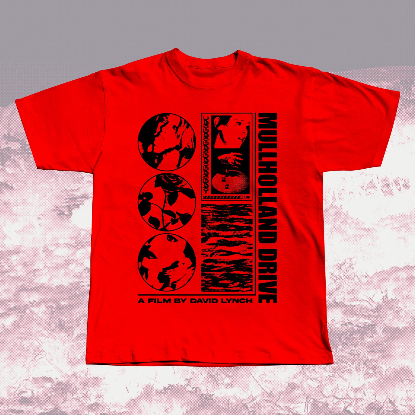 Mullholland Drive red unisex t-shirt with black graphic design, hand screen printed.
