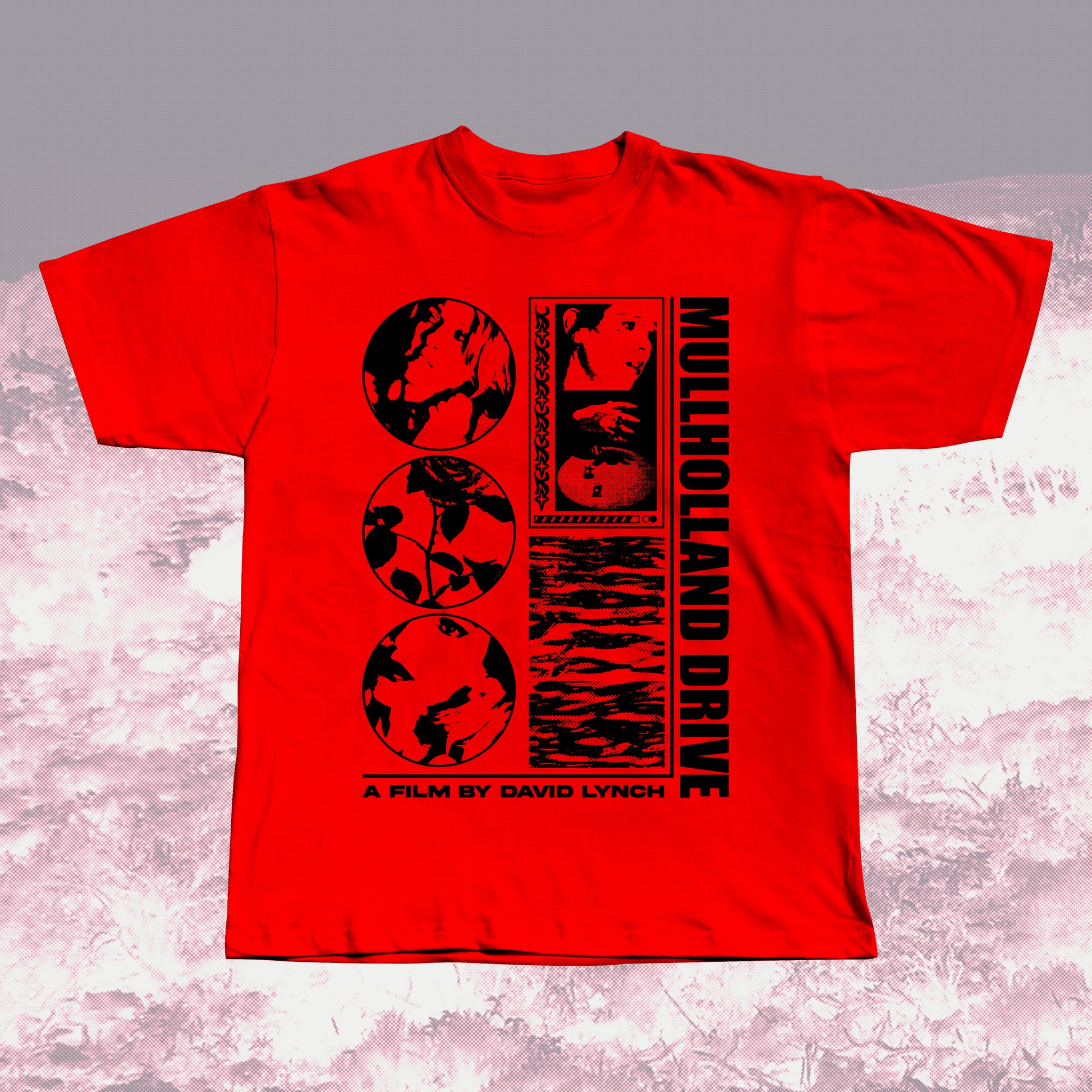 Mullholland Drive red unisex t-shirt with black graphic design, hand screen printed.