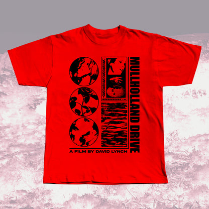 Mullholland Drive red unisex t-shirt with black graphic design, hand screen printed.