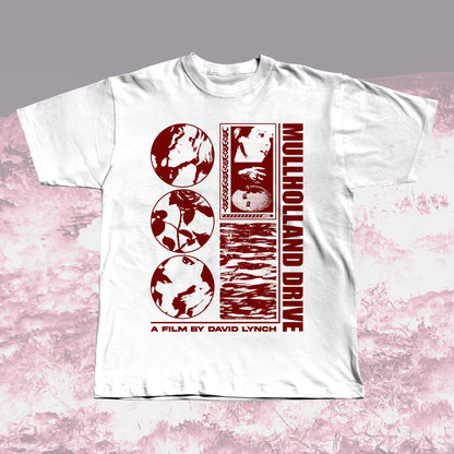 Mullholland Drive white unisex t-shirt with red graphic design, hand screen printed.