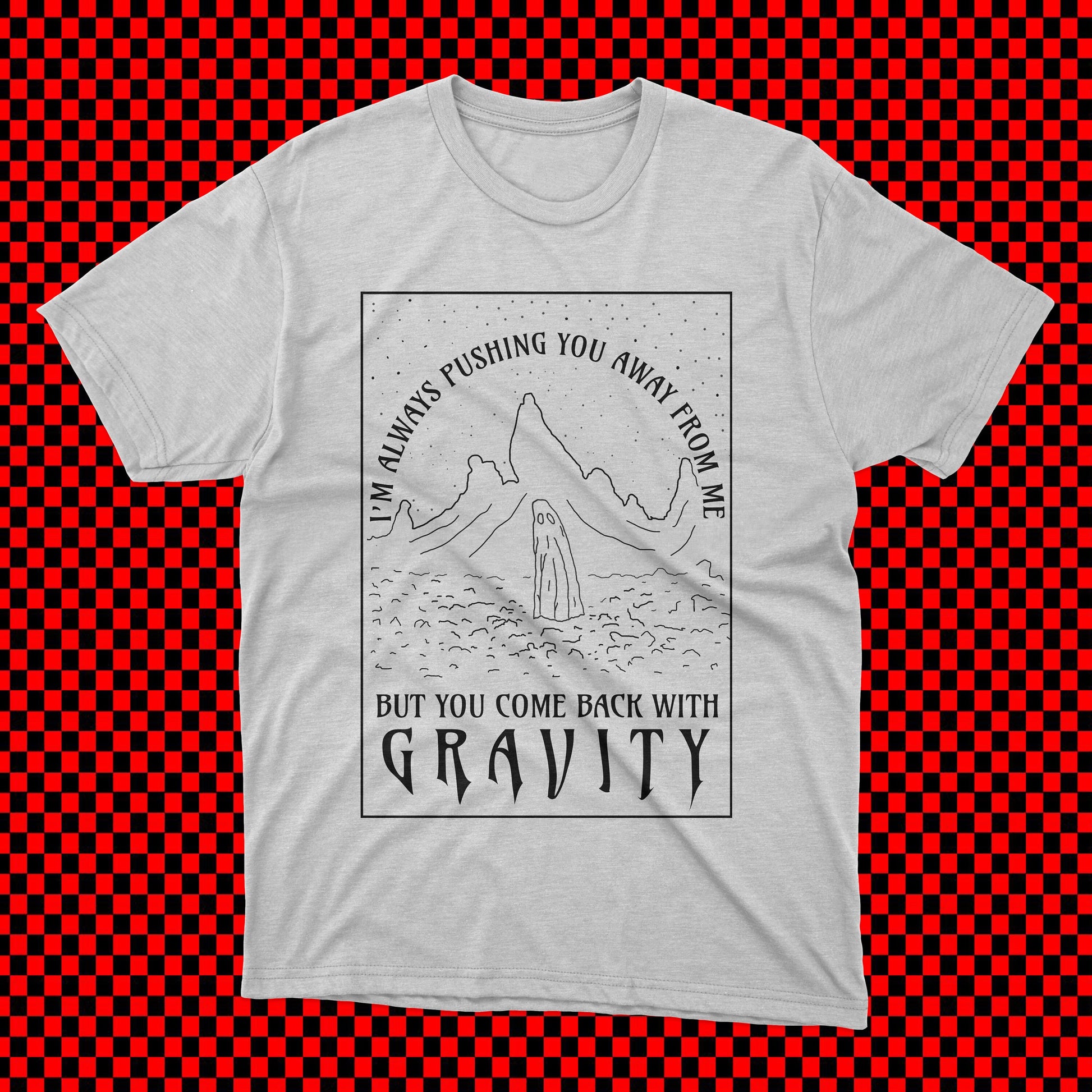 White unisex t-shirt with screen print design inspired by Phoebe Bridgers’ I Know the End.