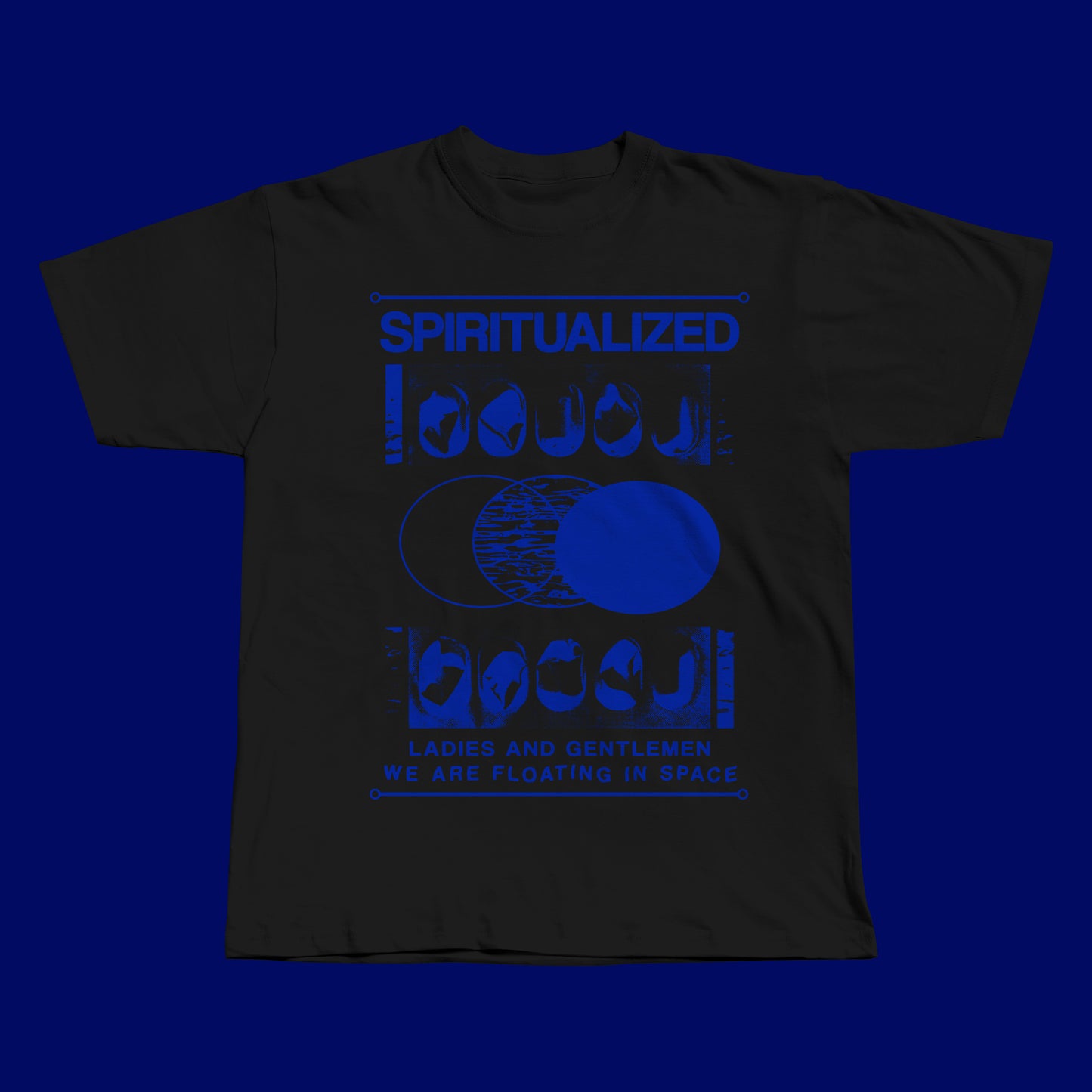 Handmade black t-shirt featuring a bold blue screen-printed design inspired by Spiritualized’s ‘Ladies and Gentlemen We Are Floating in Space’ album.