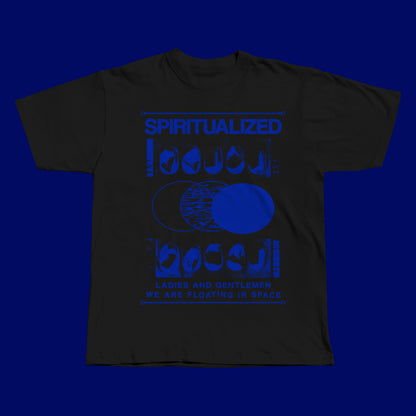 Handmade black t-shirt featuring a bold blue screen-printed design inspired by Spiritualized’s ‘Ladies and Gentlemen We Are Floating in Space’ album.