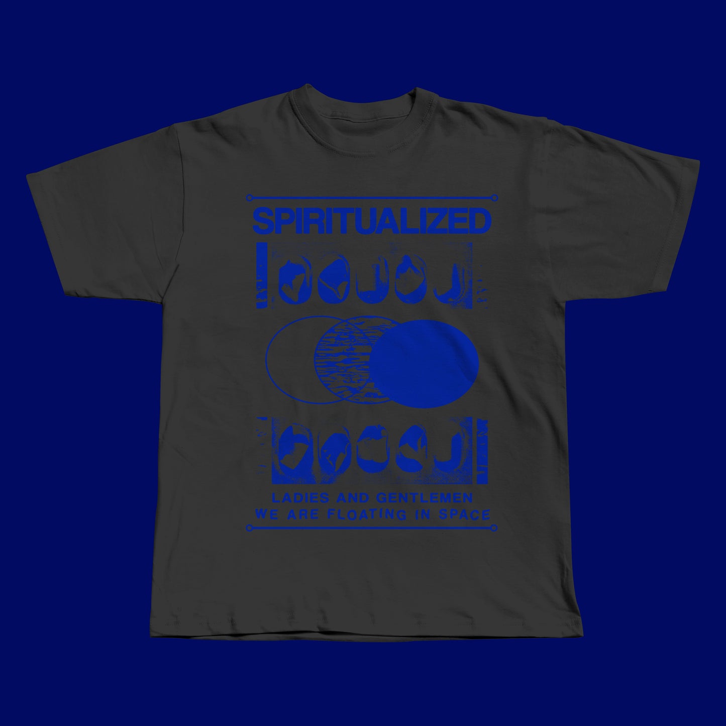 Handmade dark gray t-shirt featuring a bold blue screen-printed design inspired by Spiritualized’s ‘Ladies and Gentlemen We Are Floating in Space’ album.