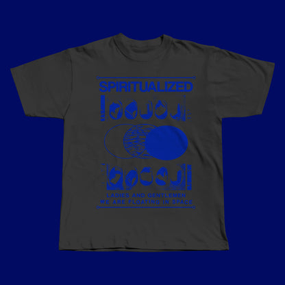 Handmade dark gray t-shirt featuring a bold blue screen-printed design inspired by Spiritualized’s ‘Ladies and Gentlemen We Are Floating in Space’ album.