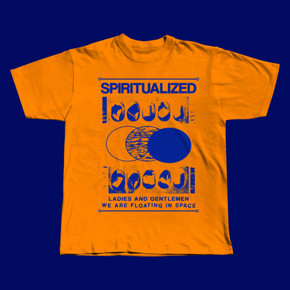 Handmade orange t-shirt featuring a bold blue screen-printed design inspired by Spiritualized’s ‘Ladies and Gentlemen We Are Floating in Space’ album.