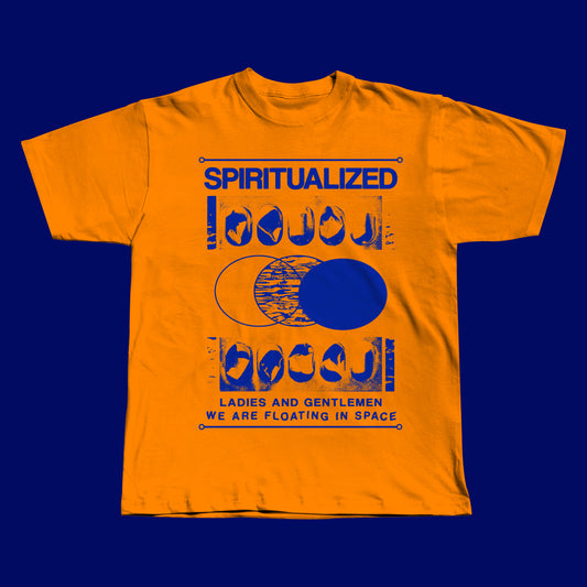 Handmade orange t-shirt featuring a bold blue screen-printed design inspired by Spiritualized’s ‘Ladies and Gentlemen We Are Floating in Space’ album.